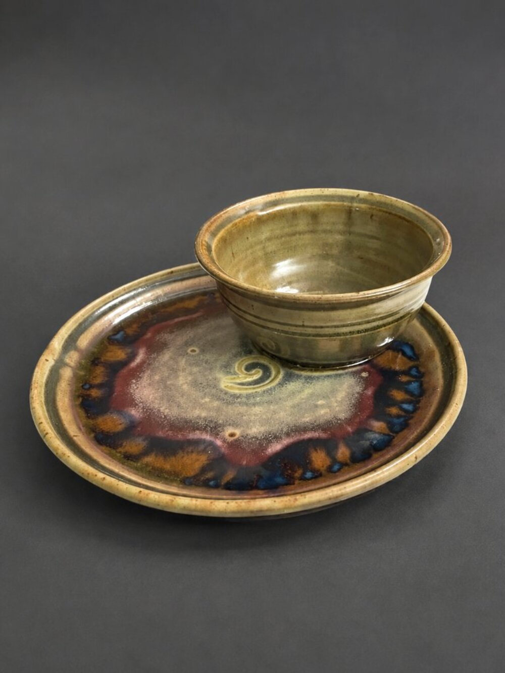Nichols Pottery Handmade Chip & Dip Bowl Platter Signed Studio Art Pottery
